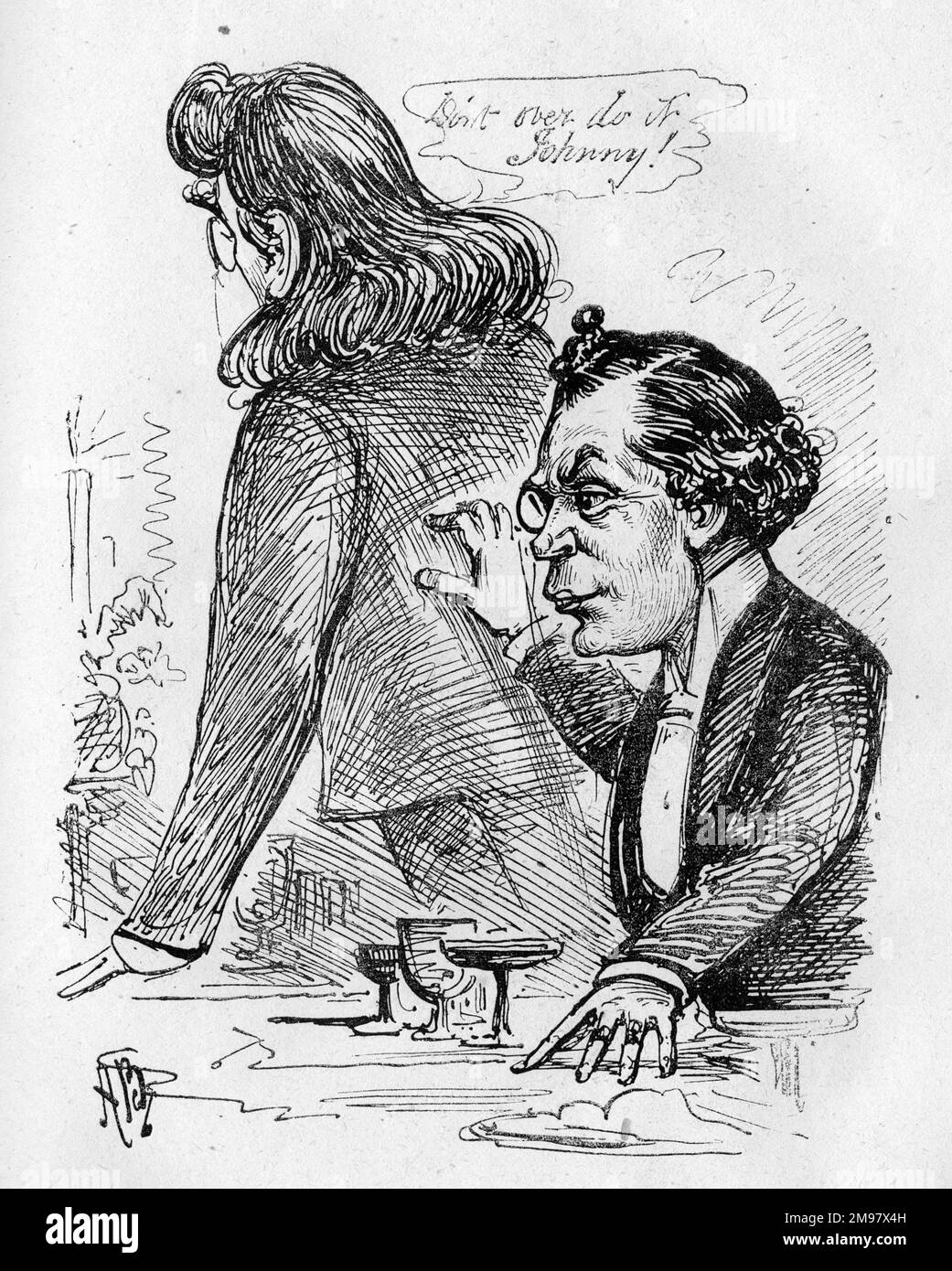 Cartoon, Henry Irving (1838-1905) and John Lawrence Toole (1830-1906), actor-managers. You scratch my back and I'll scratch yours. (Don't overdo it, Johnny!) Stock Photo