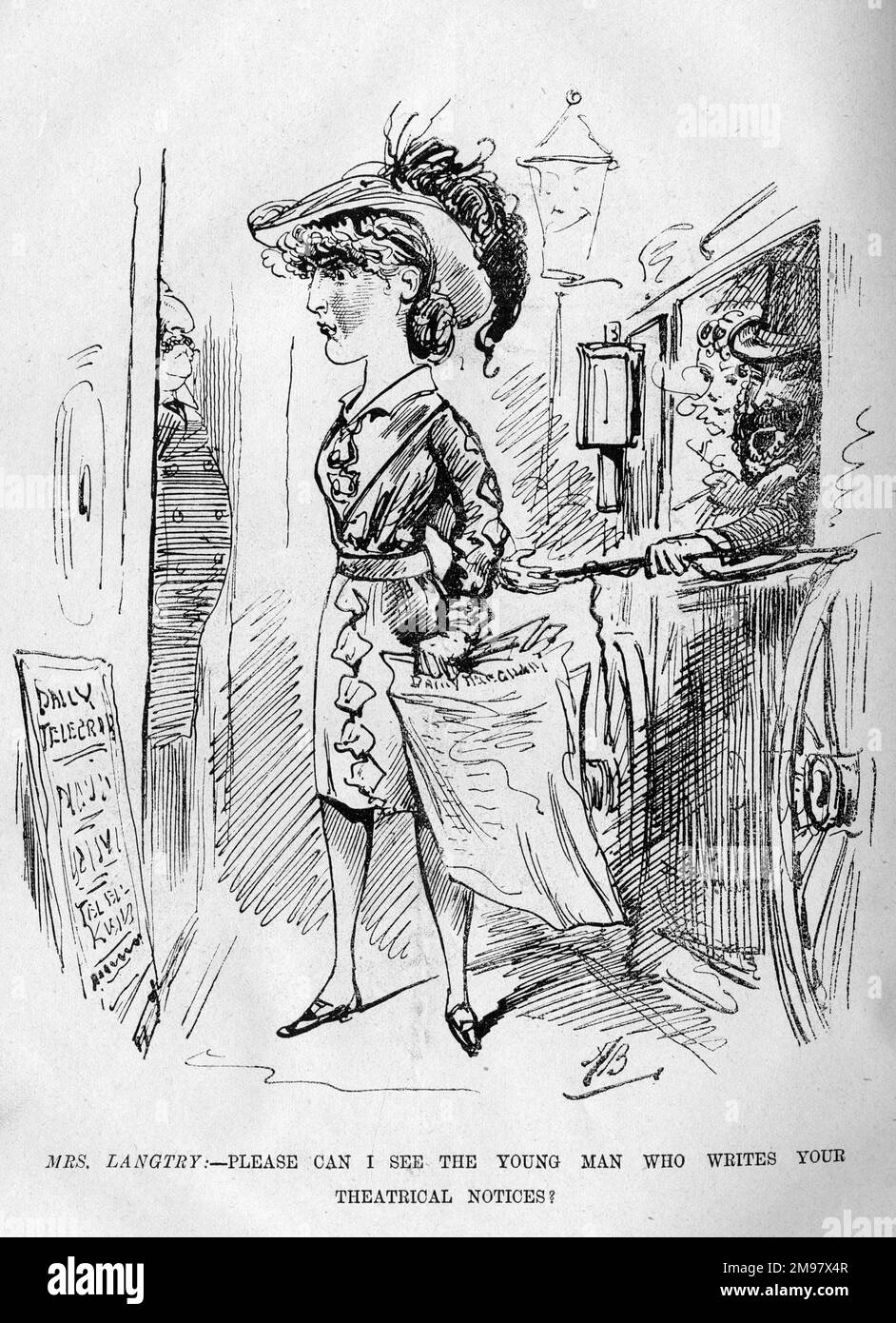 Caricature of Lillie Langtry (Emilie Charlotte Le Breton, 1853-1929), actress and producer. Seen here outside the Daily Telegraph office, wanting to speak to their theatre critic. Her supporters, Henry Labouchere and Henrietta Hodson, watch from an open carriage window. A coy interview with 'the Jersey Lily' did in fact appear in the Daily Telegraph on 3 October 1882. Stock Photo