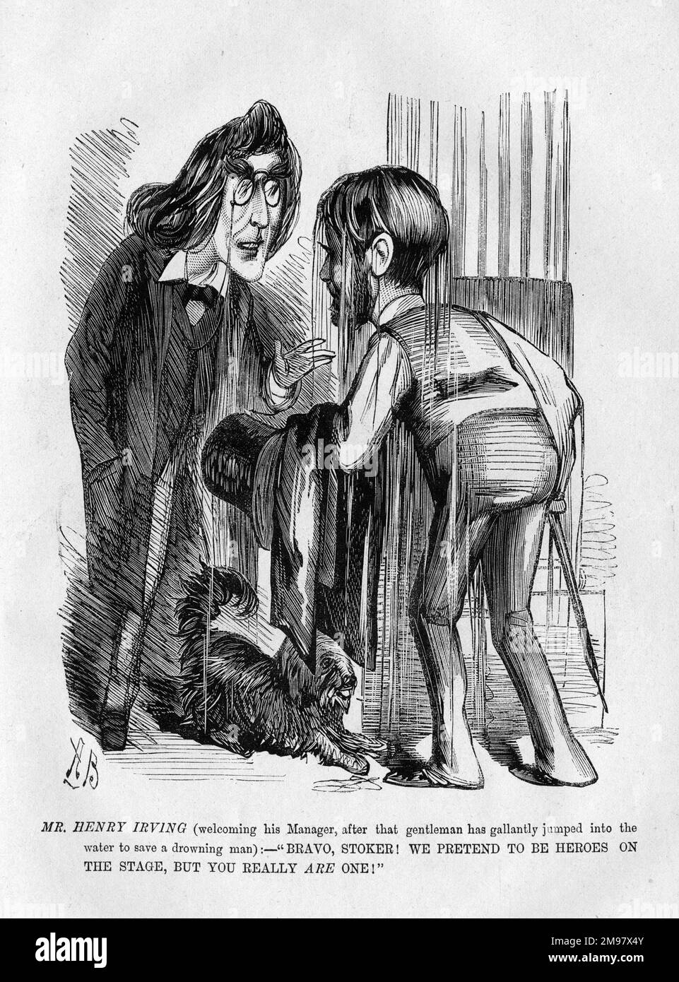 Cartoon, Henry Irving congratulates his theatre manager, Bram Stoker for recently rescuing a man from drowning in the River Thames near his Chelsea home. Stock Photo