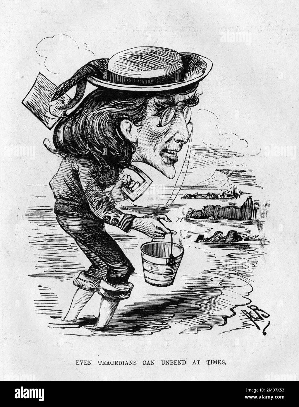 Cartoon of Henry Irving (1838-1905), English actor-manager, relaxing at the seaside during the summer holidays. Stock Photo