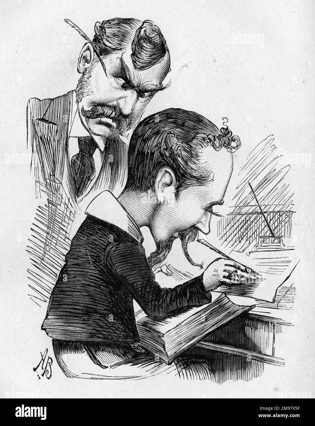 Cartoon, W S Gilbert (1836-1911) and Henry Pottinger Stephens (1851-1903), English dramatists.  Gilbert, in the form of a schoolmaster, says of the younger man, 'I'm blest if Pottinger Stephens isn't trying to write exactly like me!' Stock Photo