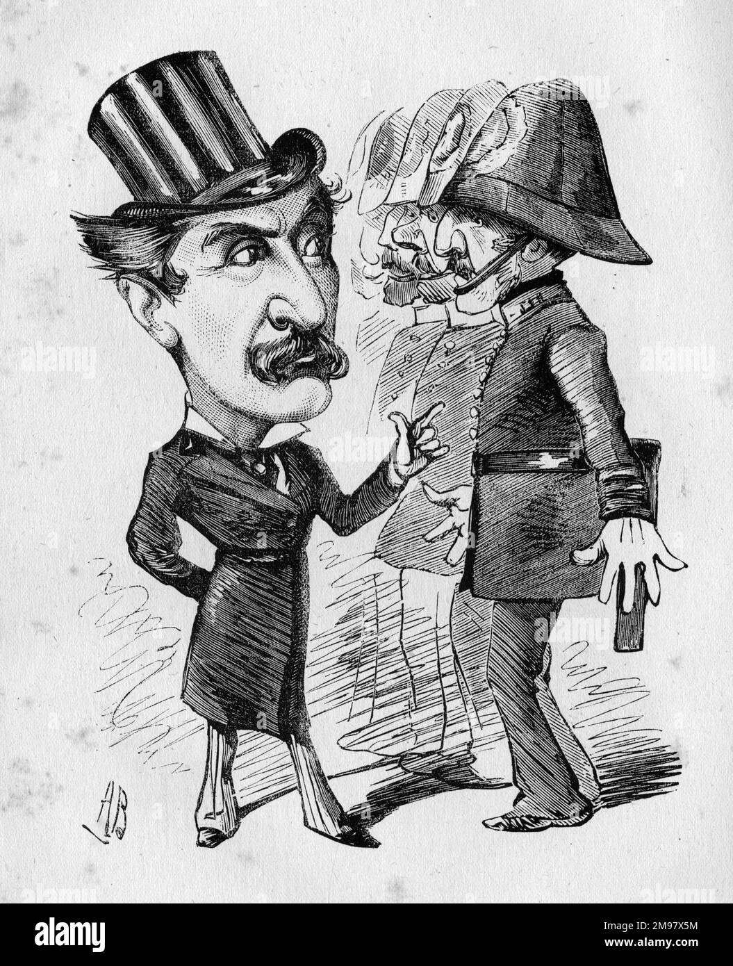 Cartoon of George Henry Howard Paul (1830-1905), American writer, playwright, comic actor and theatre manager, active in the UK. He is telling a line of policemen on inspection parade: And never use a big, big D (a line from the Gilbert and Sullivan operetta, HMS Pinafore, used as a subtle warning against using a swear word). Stock Photo