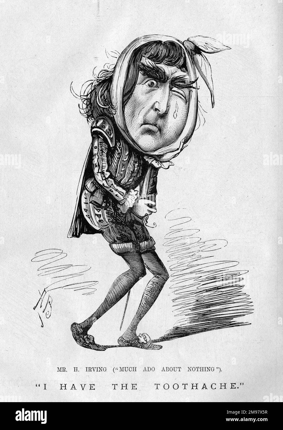 Cartoon of Henry Irving (1838-1905), English actor-manager, suffering from toothache -- Much Ado About Nothing. He was appearing in the role of Benedick at the Lyceum Theatre, London. The line 'I have the toothache' appears in the play itself. Stock Photo