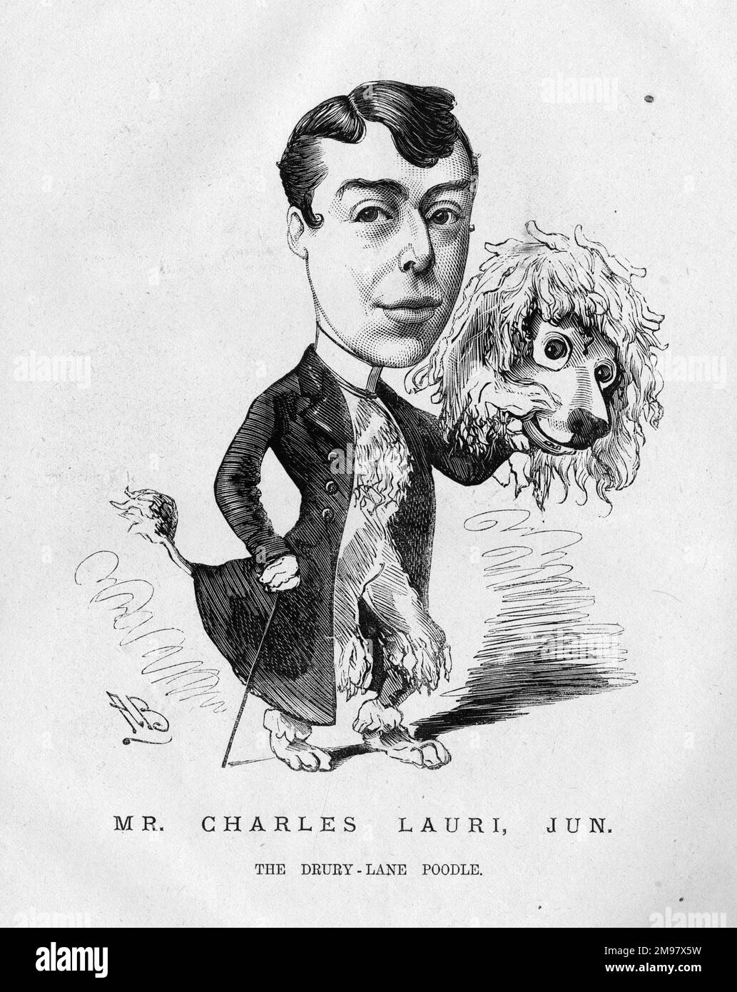 Cartoon of Charles Lauri Junior -- The Drury Lane Poodle. He was a pantomime performer who specialised in animal roles. He studied animal movements in great detail in order to make his performances look authentic. Stock Photo