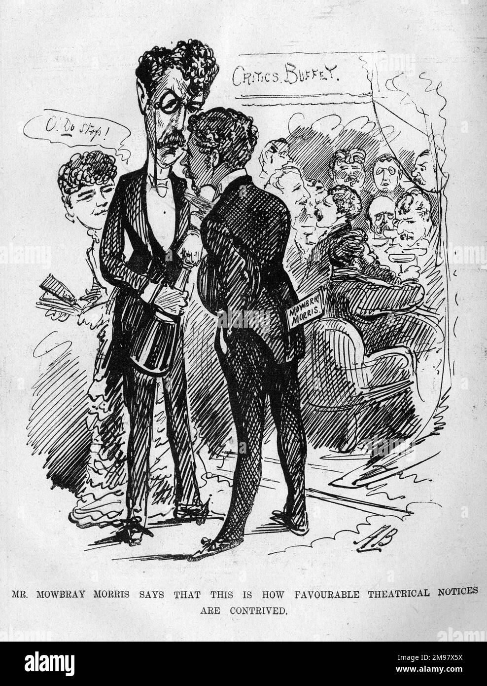 Cartoon, Sir Squire Bancroft (1841-1926), English actor-manager, and Mowbray Morris, theatre critic, with other critics in the background enjoying food and drink in the Critics' Buffet.  The suggestion is that this is how to obtain favourable reviews. Stock Photo