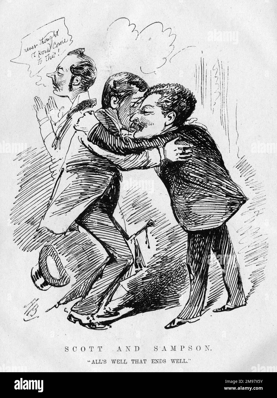 Cartoon of Edward Ledger (18??-1921), editor of The Era theatrical newspaper, commenting on a reconciliation between Clement William Scott (1841-1904), influential English theatre critic, and Henry Sampson (1841-1891), English newspaper proprietor and editor. There had been a court case to do with defamation of character, but it seems to have been resolved -- All's Well That Ends Well. Stock Photo