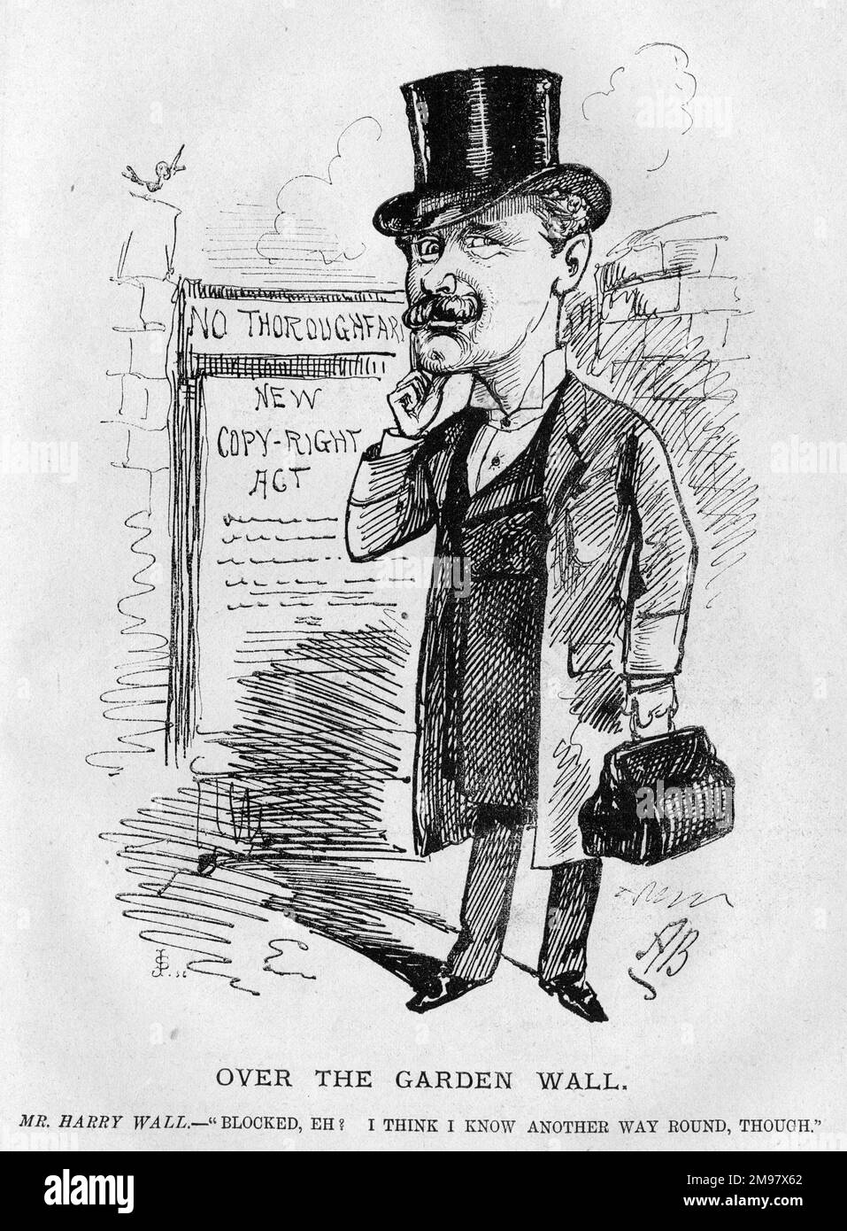Cartoon of Harry Wall, theatrical agent, plotting to find a way around the new Copyright (Musical Compositions) Act -- Over the Garden Wall. Stock Photo