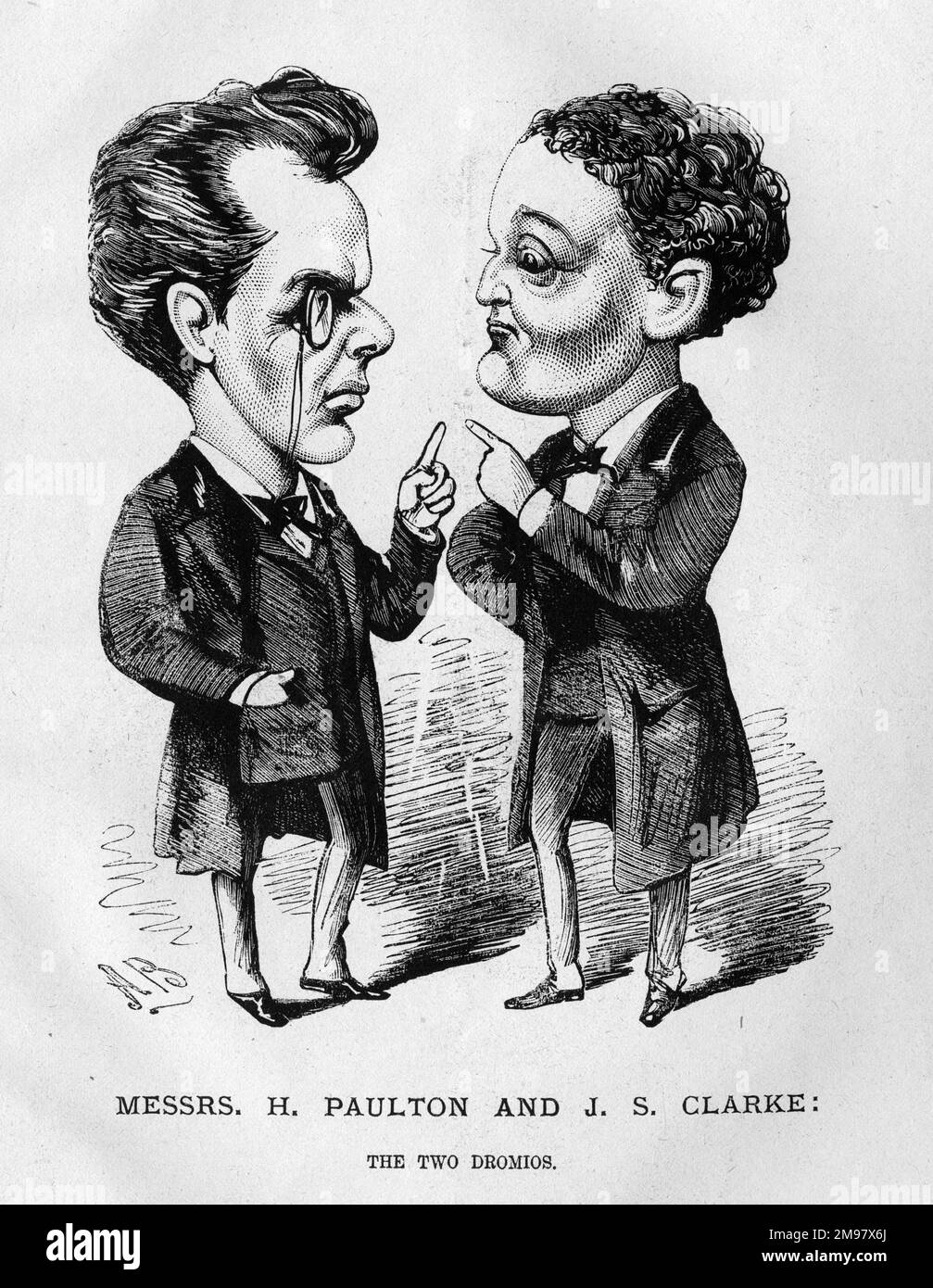 Cartoon of Harry Paulton (1842-1917) and John S Clarke (1833-1899), actors -- The Two Dromios (of Ephesus and Syracuse respectively). They were performing in a production of Shakespeare's The Comedy of Errors at the Strand Theatre, London. Stock Photo