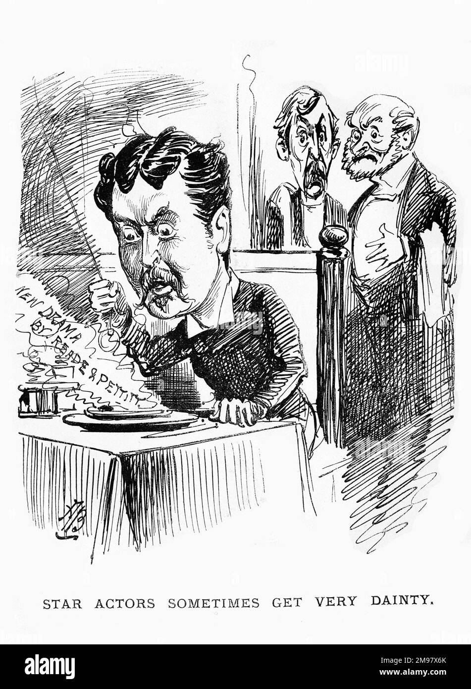 Cartoon, New drama by Charles Reade and Henry Pettitt -- Star actors sometimes get very dainty. Their melodrama, Love and Money, was in production at the Adelphi Theatre, London. The writers are seen here as waiters standing in the background, watching an irritable actor dining. Stock Photo