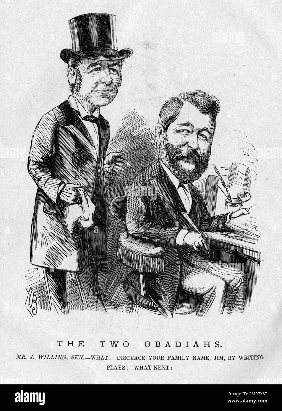 Cartoon, The Two Obadiahs, J Willing Senior and J Willing Junior.  'What!  Disgrace your family name, Jim, by writing plays! What next!'  'James Willing' was actually a pseudonym for John Thomas Douglass (1842-1917), manager of the Standard Theatre, Shoreditch, London, and it is not clear whether the younger 'Willing' existed or was simply just another pseudonym, to avoid Douglass's name appearing as the author of too many plays. Stock Photo