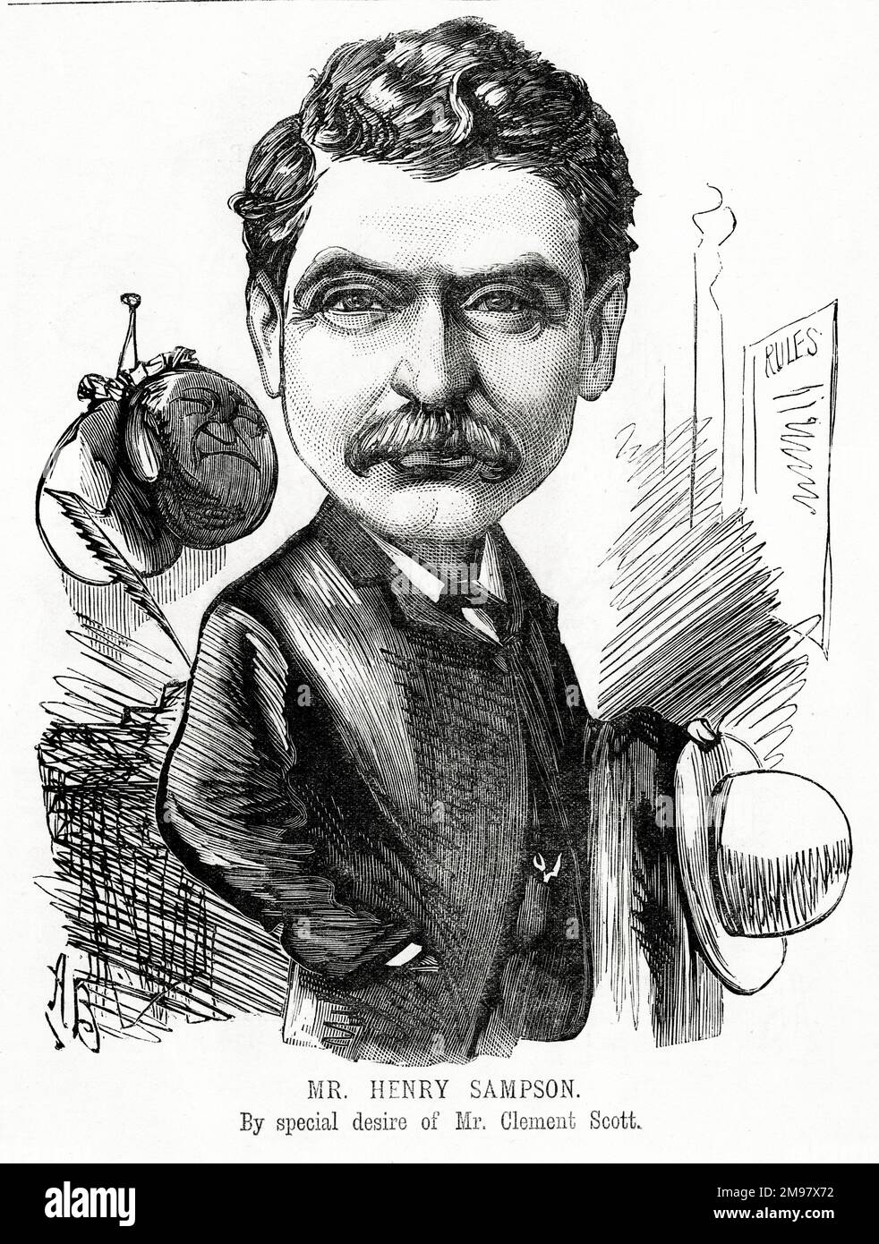 Cartoon of Henry Sampson (1841-1891), English newspaper proprietor and editor with a strong interest in sport. Stock Photo