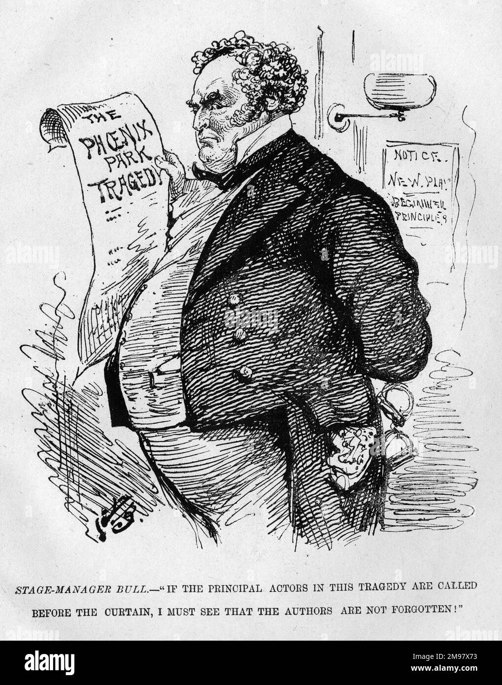 Cartoon, John Bull as stage manager, The Phoenix Park Tragedy.  A comment on the murders of Lord Frederick Cavendish and Thomas Henry Burke in Phoenix Park, Dublin, on 6 May 1882 and the subsequent arrest and trial of suspects. Stock Photo