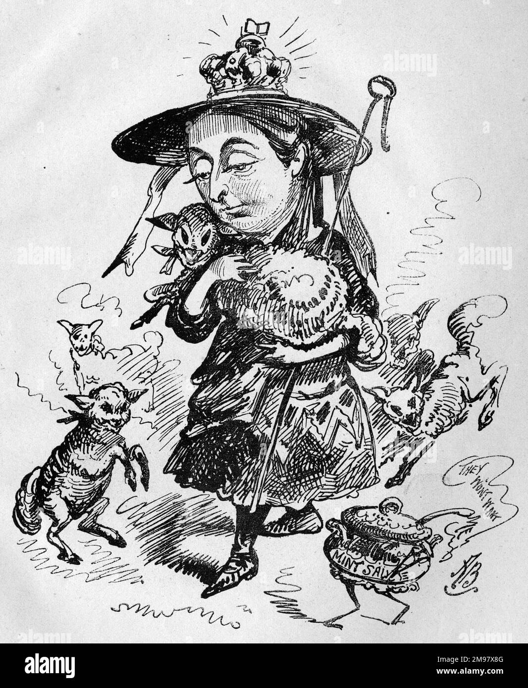 Cartoon of Queen Victoria as a shepherdess with lambs and an animated pot of mint sauce.  In the matter of lambs, Her Majesty sings, we mean to do without them!  There had recently been a royal decree against eating lamb, in a rather confused response to a national shortage of sheep. Stock Photo