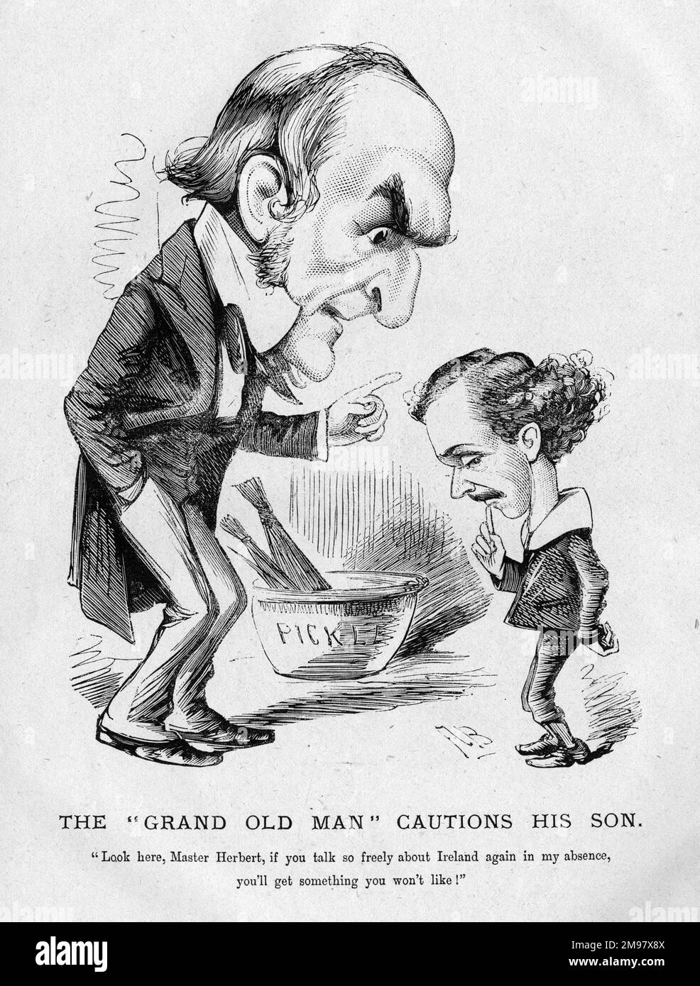 Cartoon of W E Gladstone (1809-1898), Liberal Prime Minister, and his son Herbert (1854-1930). The Grand Old Man cautions his son. Herbert was elected Liberal MP for Leeds in 1880, and became a junior Lord of the Treasury in 1881. Gladstone senior is annoyed that his son has been talking too freely about Ireland in his absence. Stock Photo
