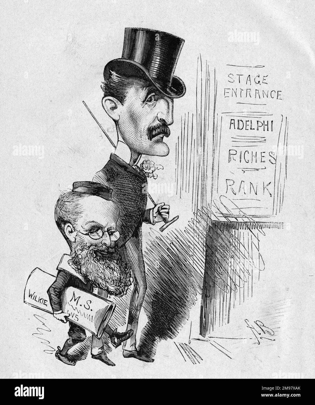 Cartoon of William Wilkie Collins (left, 1824-1889), English novelist, playwright and short story writer, and Edgar Bruce (right, 1845?-1901), actor-manager.  Collins' play, Rank and Riches, did not do too well at the Adelphi Theatre, London, running for only six performances. Stock Photo