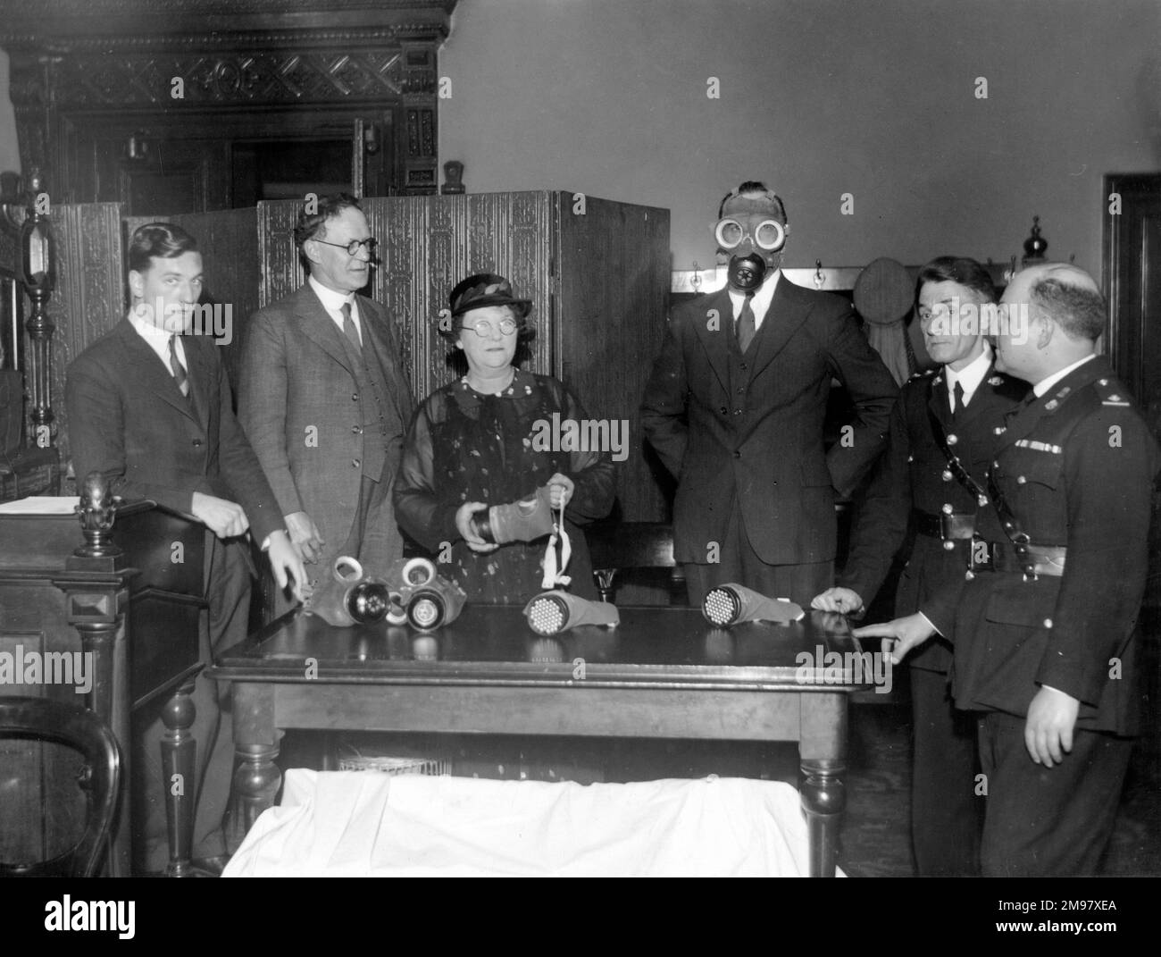 Gas and smoke mask training, WW2. Stock Photo