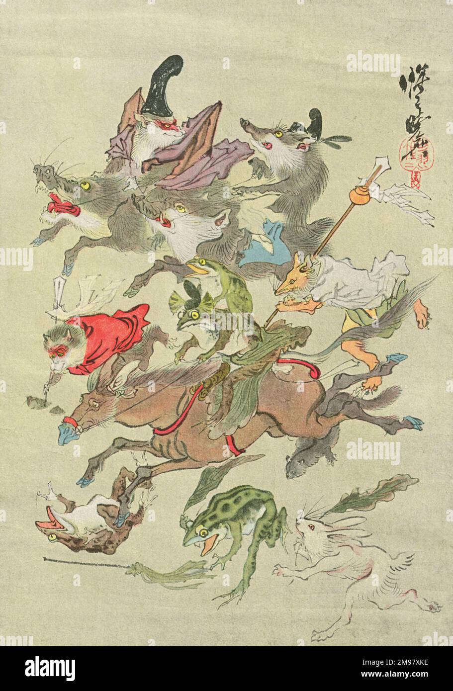 Japanese colour print, Hunting Animals. Stock Photo