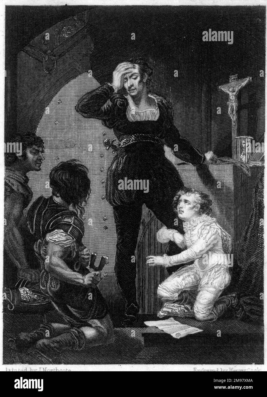 Hubert and Prince Arthur -- a scene from Shakespeare's play, King John. The young Prince Arthur, Duke of Brittany, was imprisoned at the Chateau de Falaise, guarded by Hubert de Burgh, 1st Earl of Kent. Arthur had at one time been Richard I's preferred successor. Arthur disappeared in April 1203 and many saw the hand of King John in his fate. Stock Photo