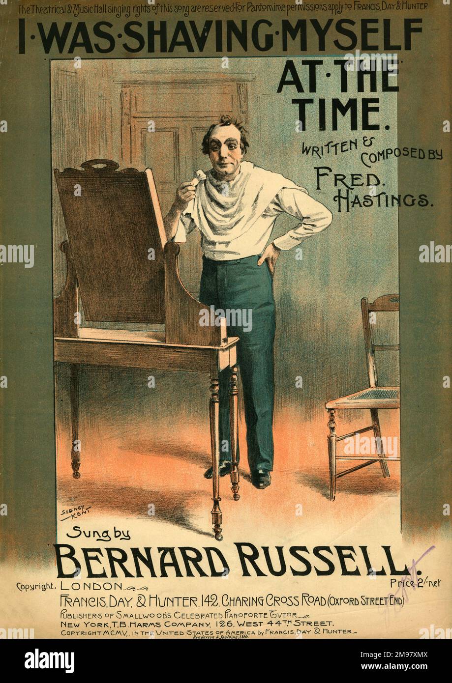 Music cover, I Was Shaving Myself at the Time, written and composed by Fred Hastings, sung by Bernard Russell. Stock Photo