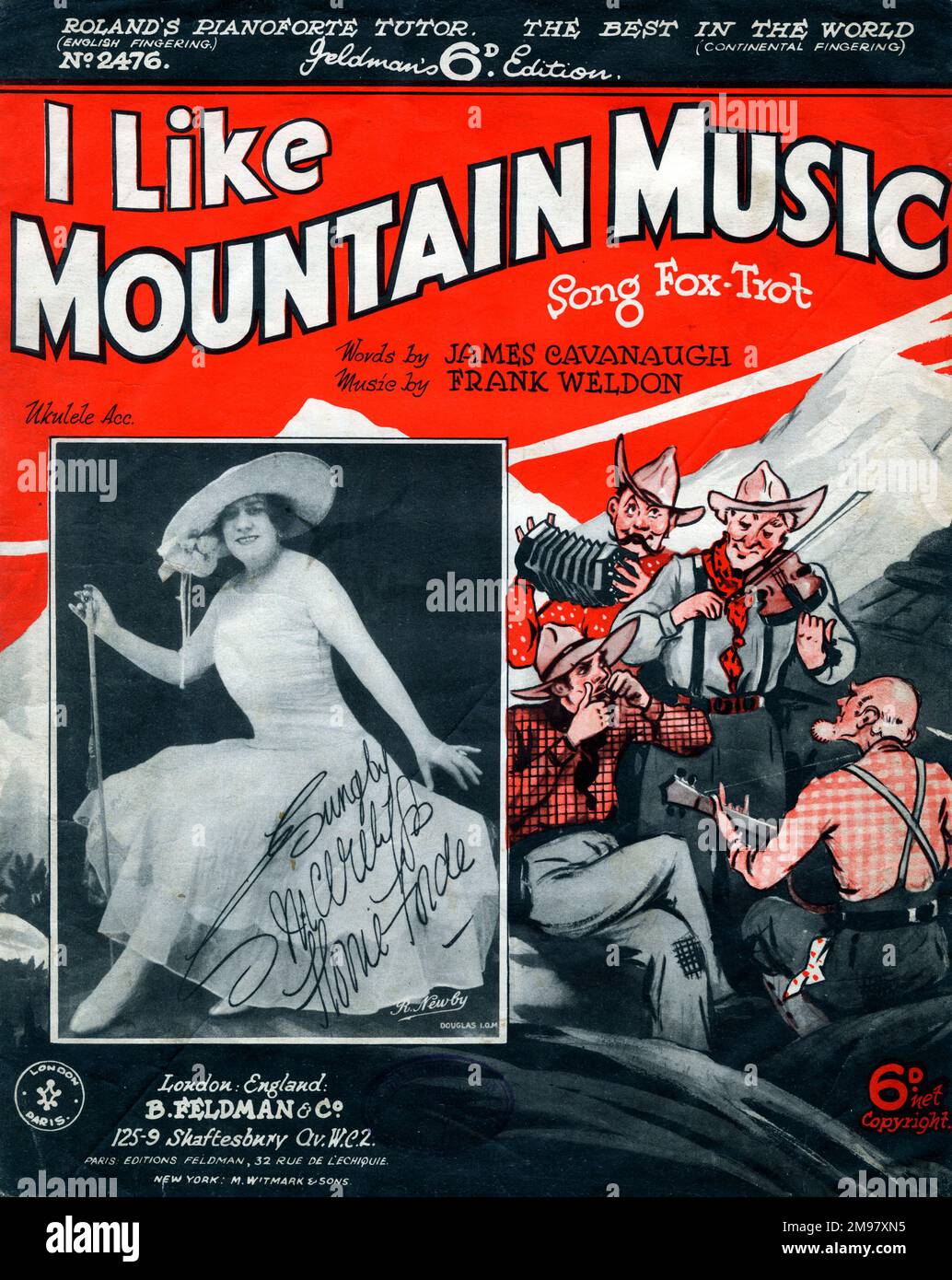 Music cover, I Like Mountain Music, fox trot song, words by James Cavanaugh, music by Frank Weldon. With a signed photo of Florrie Forde, music hall singer. Stock Photo