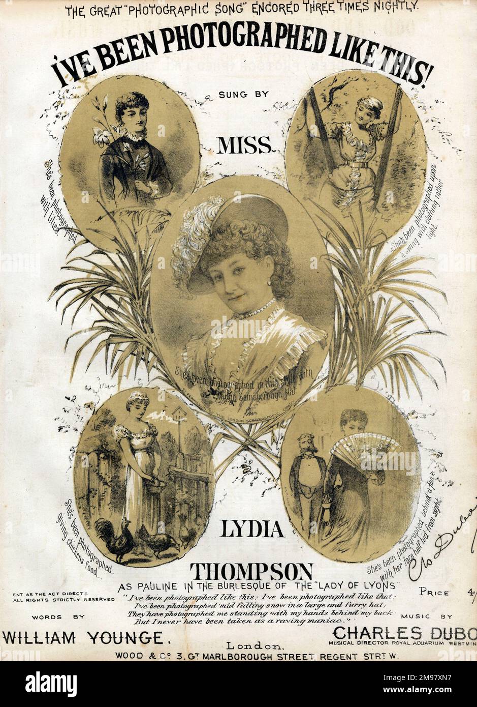 Music cover, I've Been Photographed Like This!  Sung by Lydia Thompson as Pauline in the burlesque of the Lady of Lyons. Words by William Younge, music by Charles Dubois. The song was a satire on the craze for artistic photography in various poses. Stock Photo