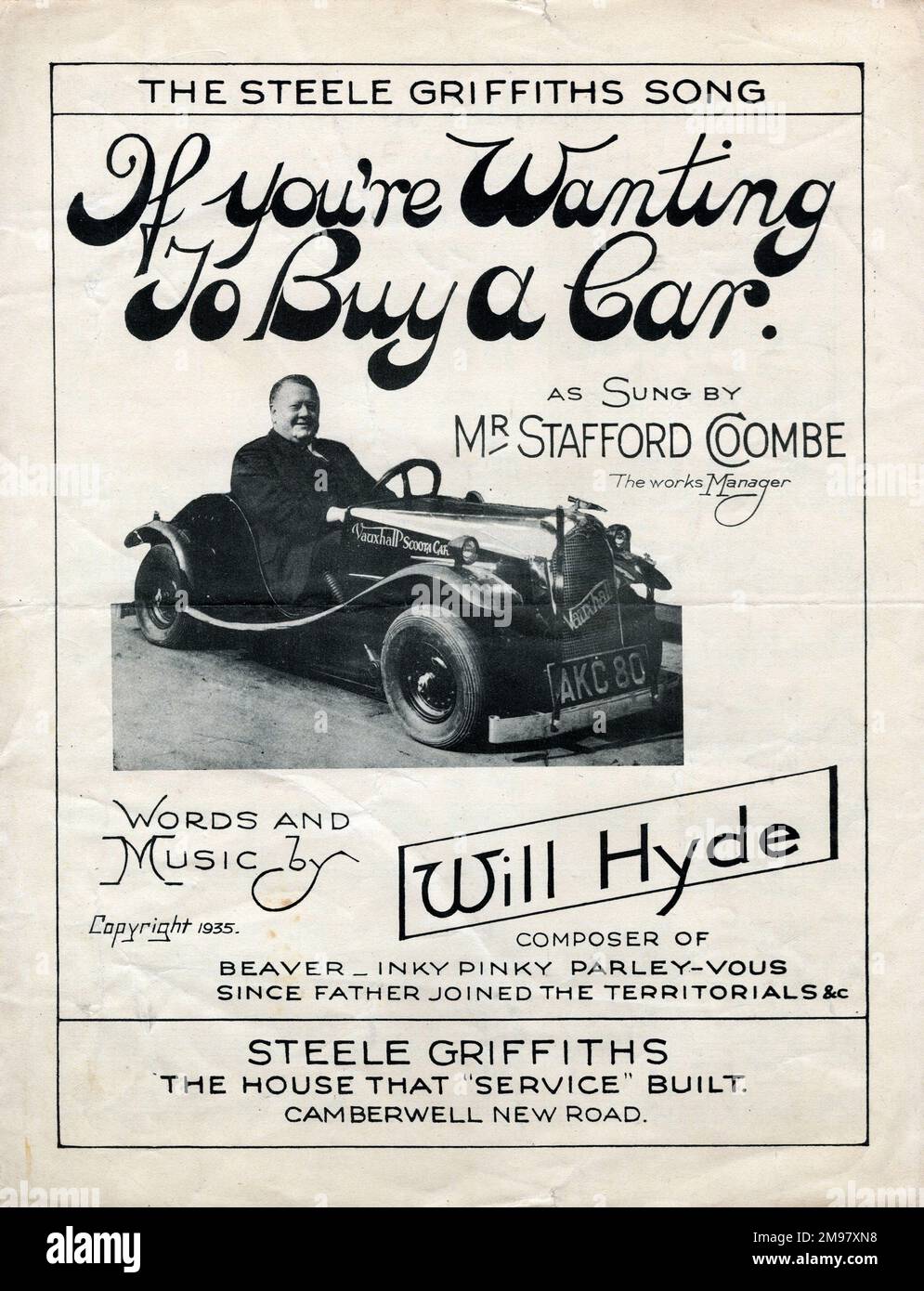 Music cover, If you're Wanting to Buy a Car, words and music by Will Hyde, as sung by Stafford Coombe, the Works Manager. Showing a man driving a Vauxhall Scoota Car. Stock Photo