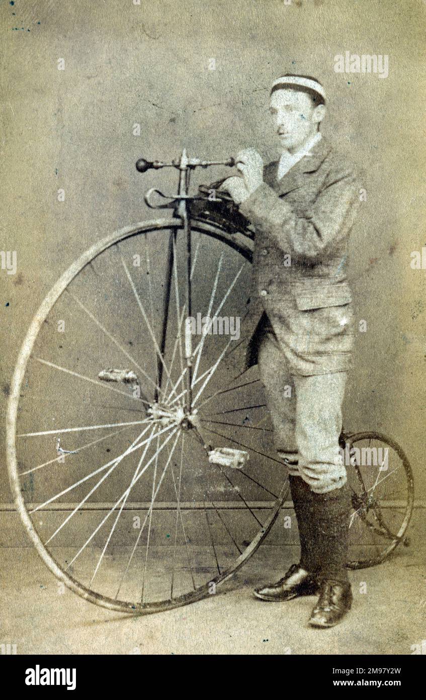 Man with a Penny Farthing Bicycle, Skipton, Yorkshire. Stock Photo