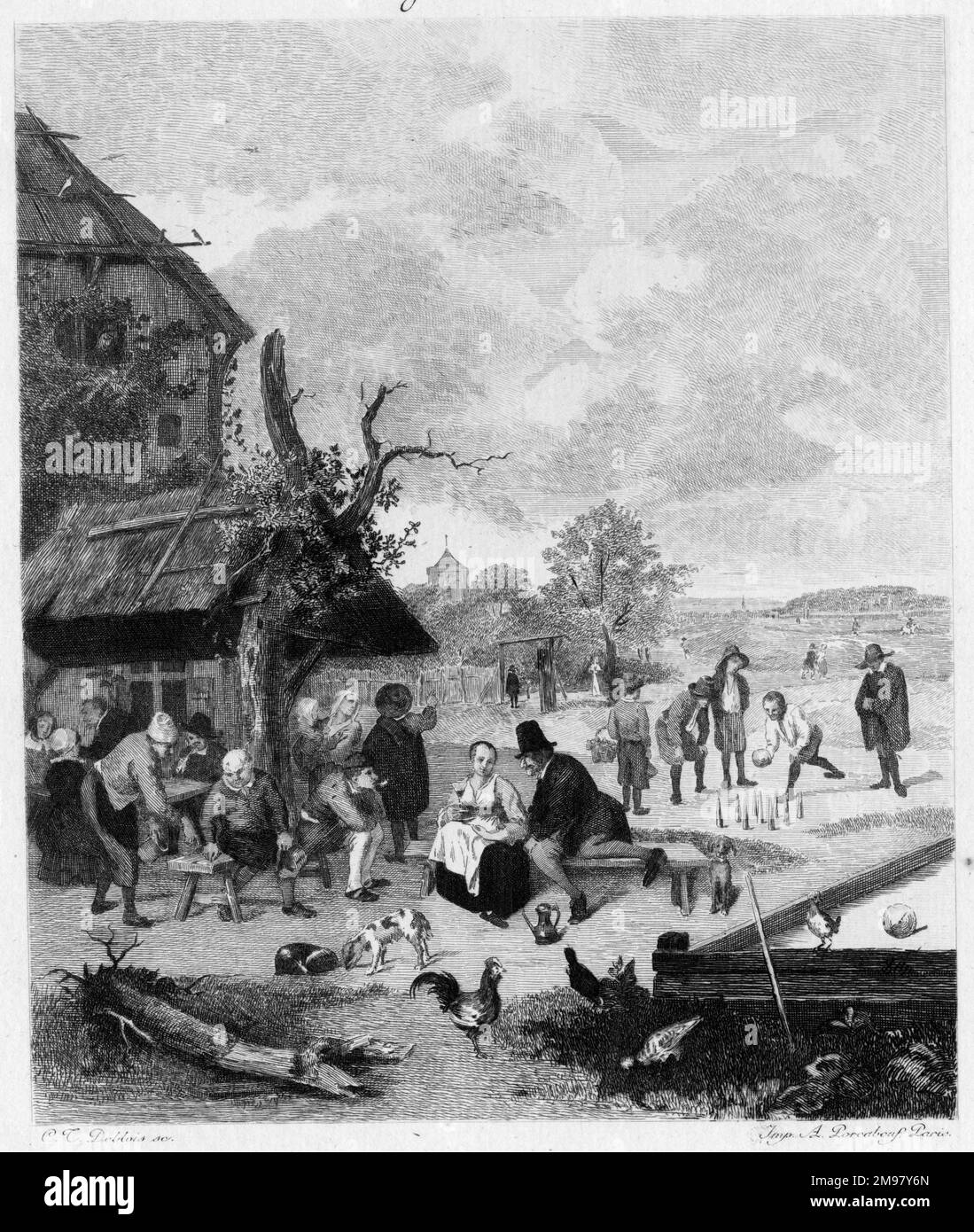 People playing skittles in the countryside. Stock Photo