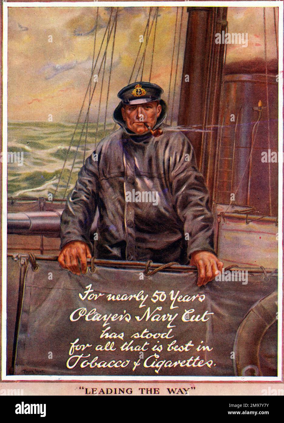 Advertisement for Player's Navy Cut tobacco and cigarettes, showing sailor on the deck of a ship, smoking a pipe -- Leading The Way. Stock Photo