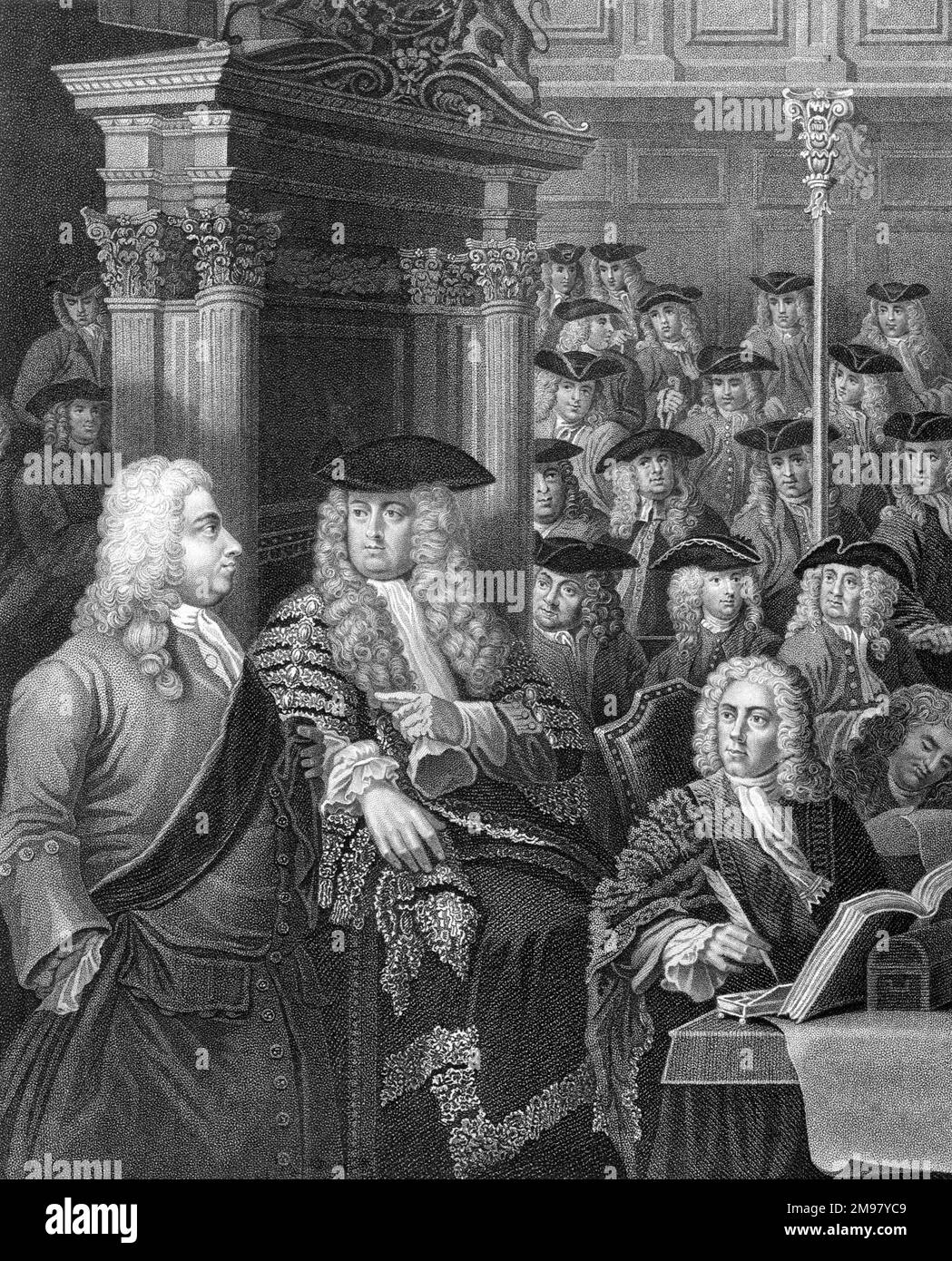 The House of Commons in Walpole's Administration - with Arthur Onslow in the Speaker's Chair and Sir Robert Walpole on the left. Others present include Sidney Godolphin, Sir Joseph Jekyll, Edward Stables, Sir James Thornhill (Hogarth's father-in-law), and Mr Aiskew. The Speaker appears to be calling on Walpole to speak. Stock Photo