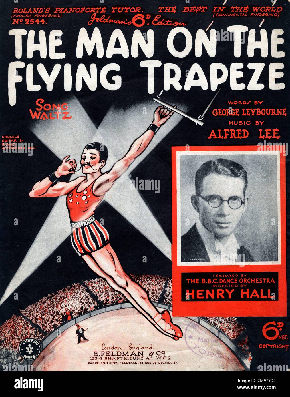 Music cover, The Man on the Flying Trapeze, song in waltz time, words by George Leybourne, music by Alfred Lee, featured by the BBC Dance Orchestra directed by Henry Hall. Stock Photo