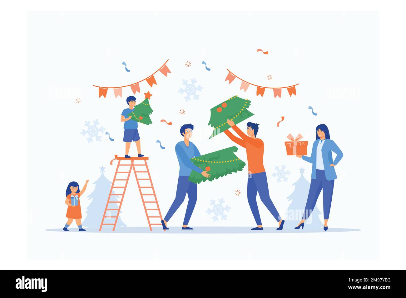 Family prepare to celebrate Christmas / New Year's Eve by making Christmas tree together, flat vector modern illustration Stock Vector