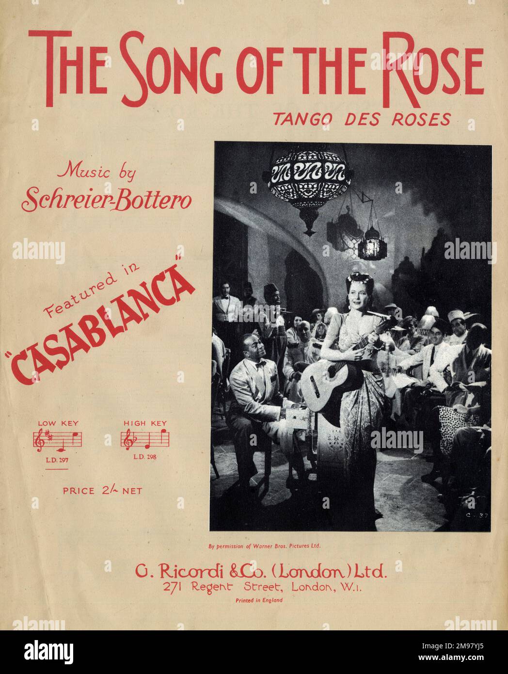 Music cover, The Song of the Rose (Tango des Roses) by Schreier-Bottero, featured in the film Casablanca. Stock Photo