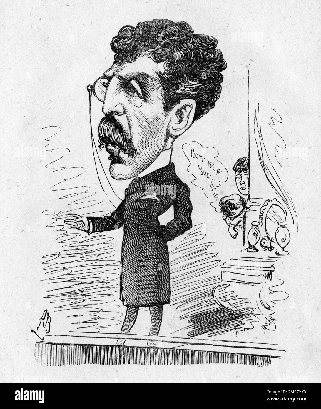Caricature of the English actor-manager Sir Squire Bancroft (1841-1926) -- He has made his mark in the upper circle.  His actress wife, Effie Bancroft (1839-1921), peeps from behind a pillar, holding a barking dog. Stock Photo