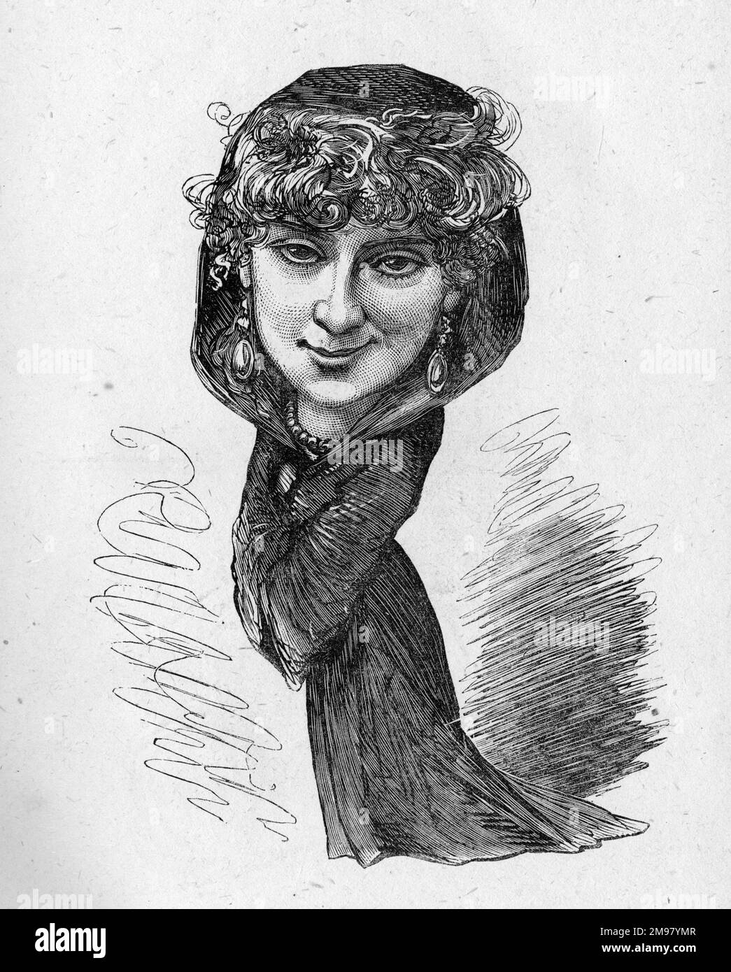 Cartoon of Florence St John (1855-1912), English singer and actress, seen here in the role of Madame Favart, in an English version of Offenbach's operetta of the same name which earned her critical acclaim when it opened at the Strand Theatre, London, in 1879. Stock Photo