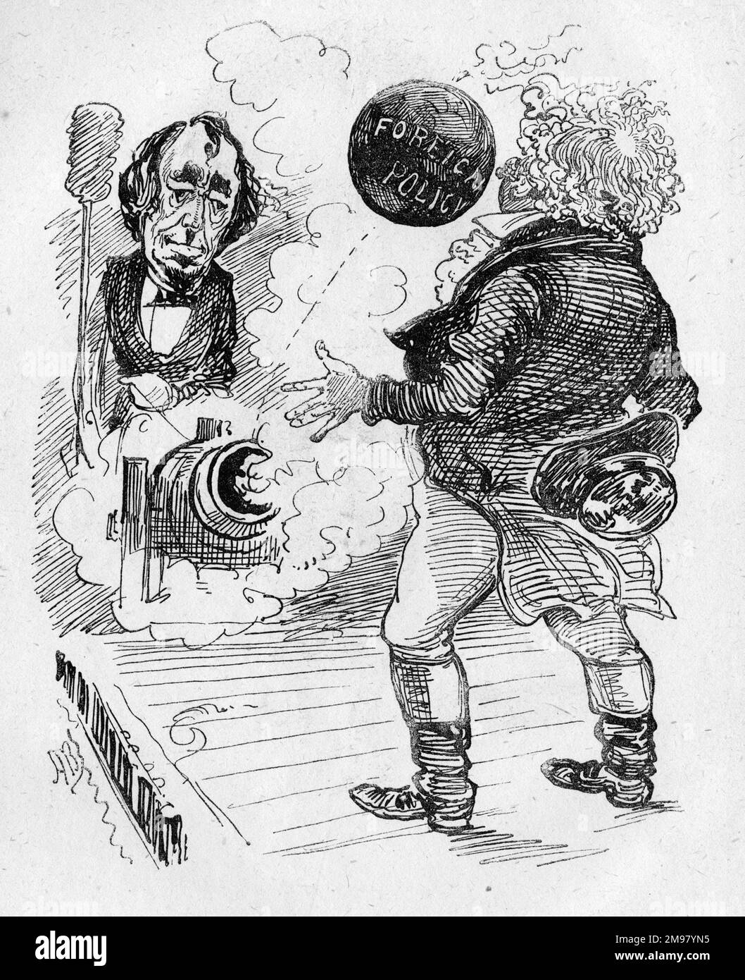 Cartoon, A Dangerous Performance. Benjamin Disraeli fires a Foreign Policy cannon ball at John Bull. Stock Photo