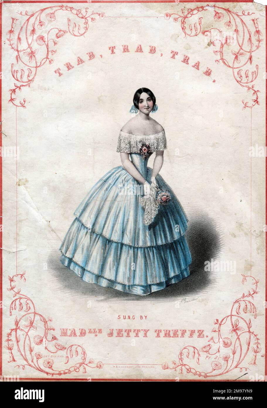 Music cover, Trab Trab Trab, One Day While Gently Riding, sung by Mademoiselle Henrietta (Jetty) Treffz (1818-1878). Stock Photo