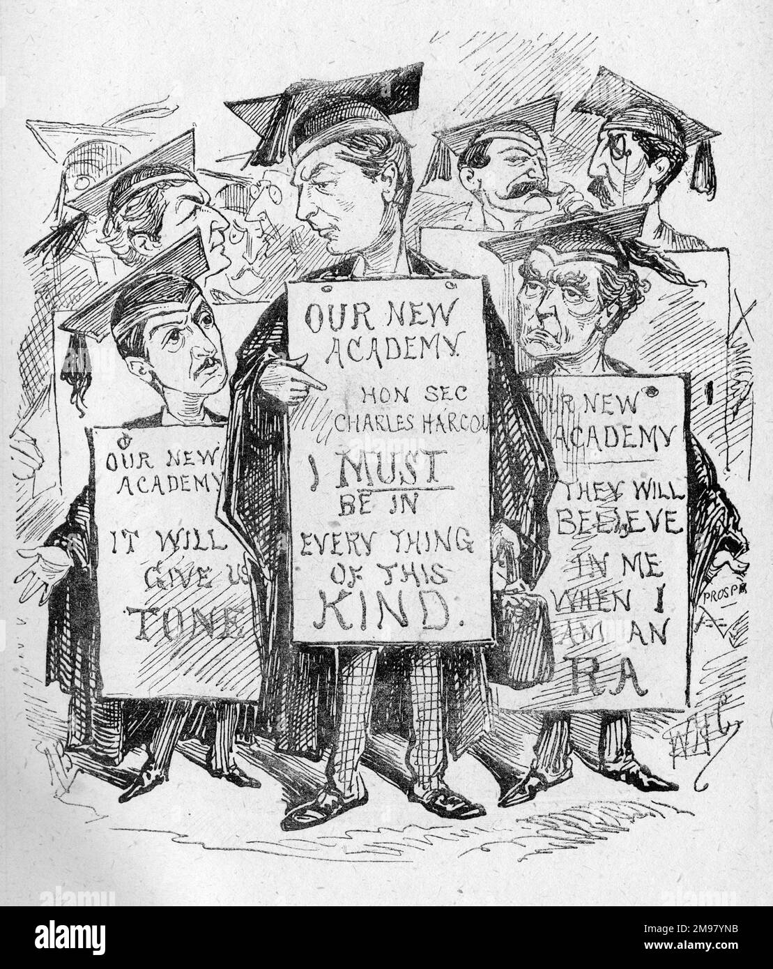 Charles Harcourt (real name Charles Parker Hillier, 1838-1880), British actor, and others with placards. From January 1880 he was the secretary of the National Dramatic Academy. Stock Photo