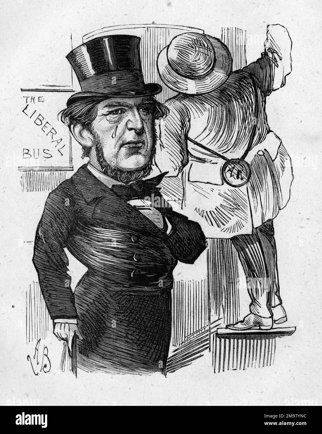 Cartoon, Sir William Vernon Harcourt (1827-1904), Home Secretary in Gladstone's newly elected Liberal government.  On his appointment, a re-election was required; he lost his seat by a small number of votes, and another seat had to be found for him. Here, a bus conductor is asking for someone to make room for him on the Parliamentary Omnibus. Stock Photo