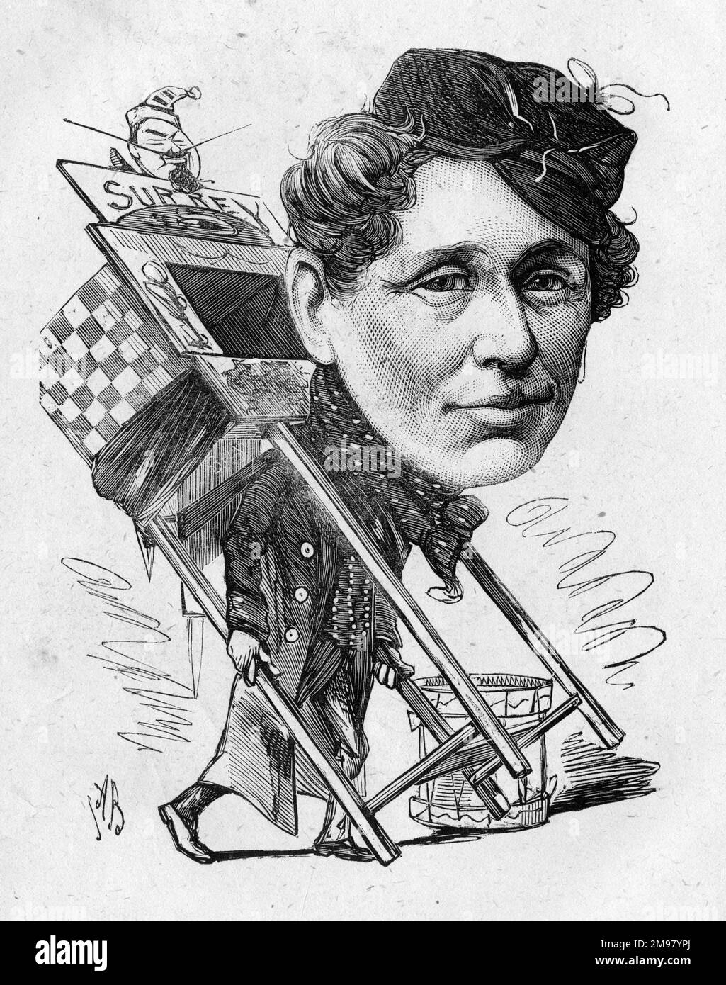Cartoon of Arthur Williams (1844-1915), English actor, playwright and singer. Seen here carrying a portable version of the Surrey Theatre, London, with the face of its manager, William Holland, at the top. Stock Photo