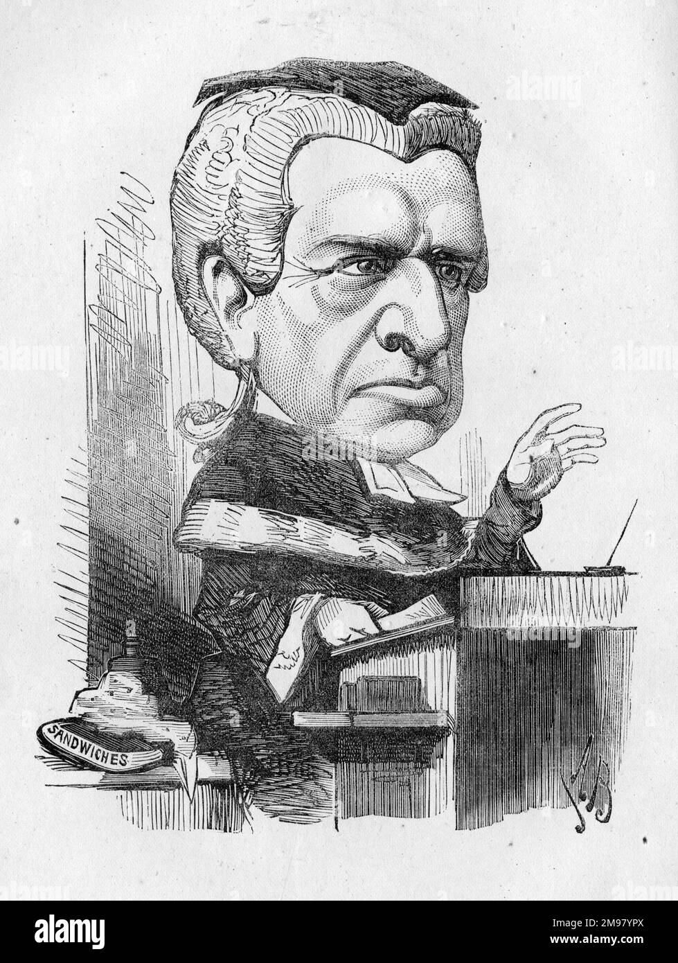 Caricature of Henry Hawkins, 1st Baron Brampton (1817-1907), English judge in the High Court of Justice between 1876 and 1898, and gained a reputation as a hanging judge. Stock Photo