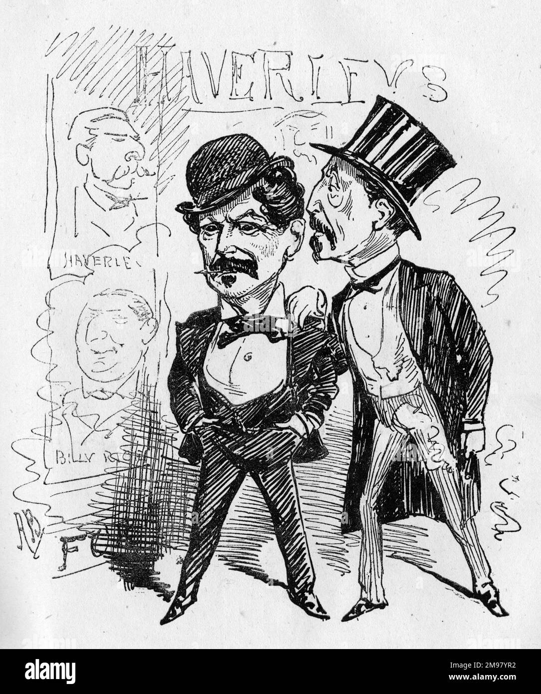 Cartoon of George Washington Moore (1820-1909) and Frederick Burgess. They founded the Moore and Burgess Minstrels in 1871. They are not very pleased to see that rival entertainers, Haverly's Minstrels, founded in America in 1877, are performing in London. Stock Photo