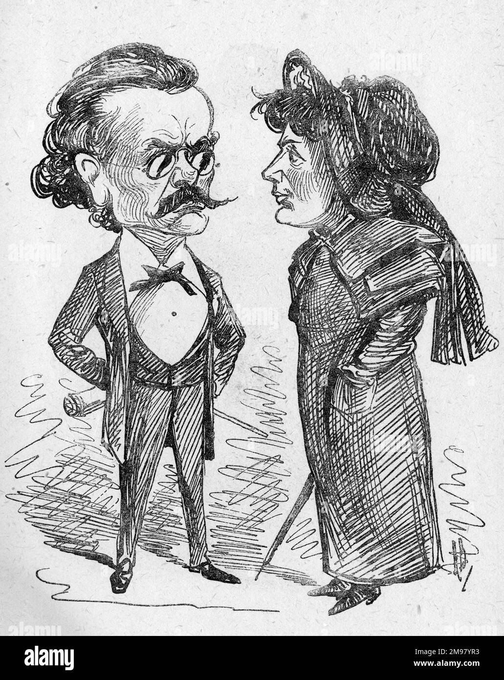 Cartoon, Jules Riviere (1819-1900), composer and conductor, and Georgina Weldon (1837-1914), classical singer and conductor.  Mrs Weldon was prosecuted at the Old Bailey, London, in 1880, for libelling M Riviere, and spent a month in Newgate Prison. Stock Photo