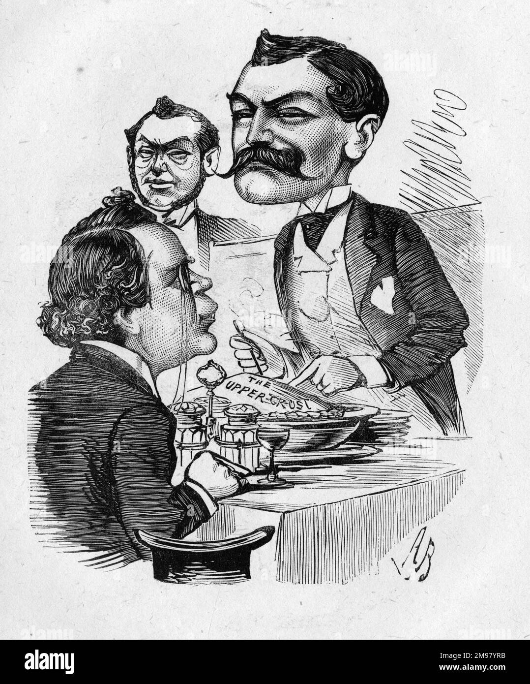 Cartoon, Henry James Byron (standing, 1835-1884), English  dramatist, editor, journalist, director, theatre manager, novelist and actor, and John Lawrence Toole (seated, 1830-1906), English comic actor, actor-manager and theatrical producer.  The reference is to Byron's comic play, The Upper Crust, in which Toole was starring at the time. Stock Photo