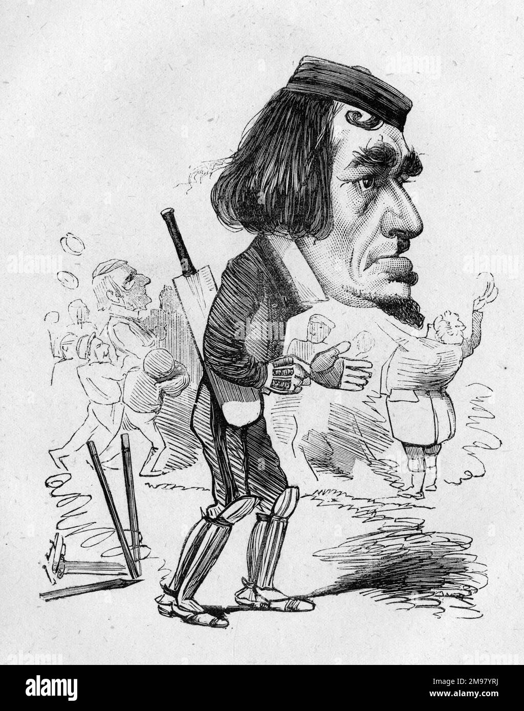 Caricature of Benjamin Disraeli, Conservative politician, on losing the General Election to the Liberal party -- His Last Innings! Bowled Gladstone! Stock Photo