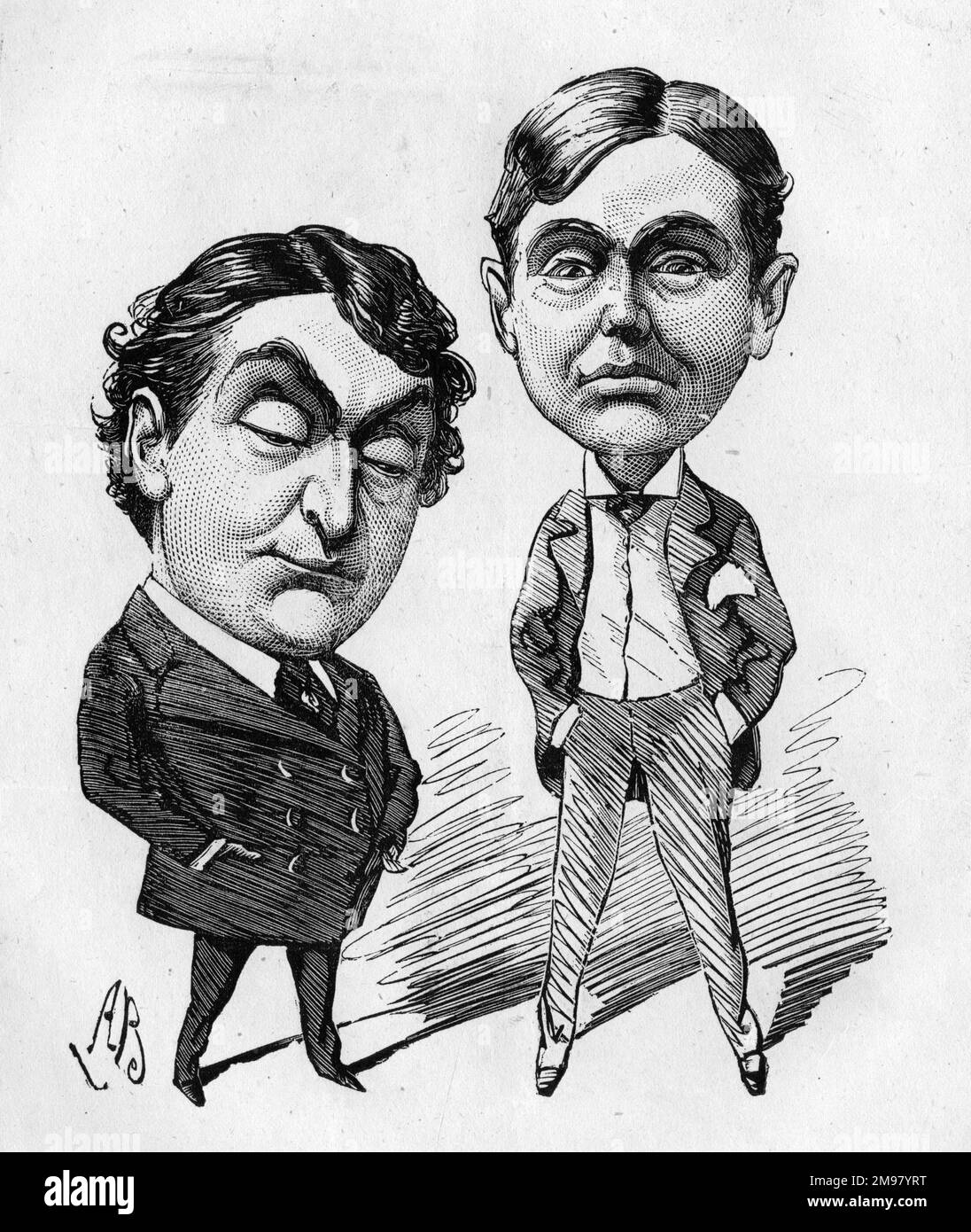 Cartoon of David James (left, 1839-1893), English comic actor, and Thomas Thorne (right, 1841-1918), English actor and theatre manager, co-founders of the Vaudeville Theatre, London. They are wondering what production to put on next, and deciding on something by the popular dramatist Henry James Byron. Stock Photo