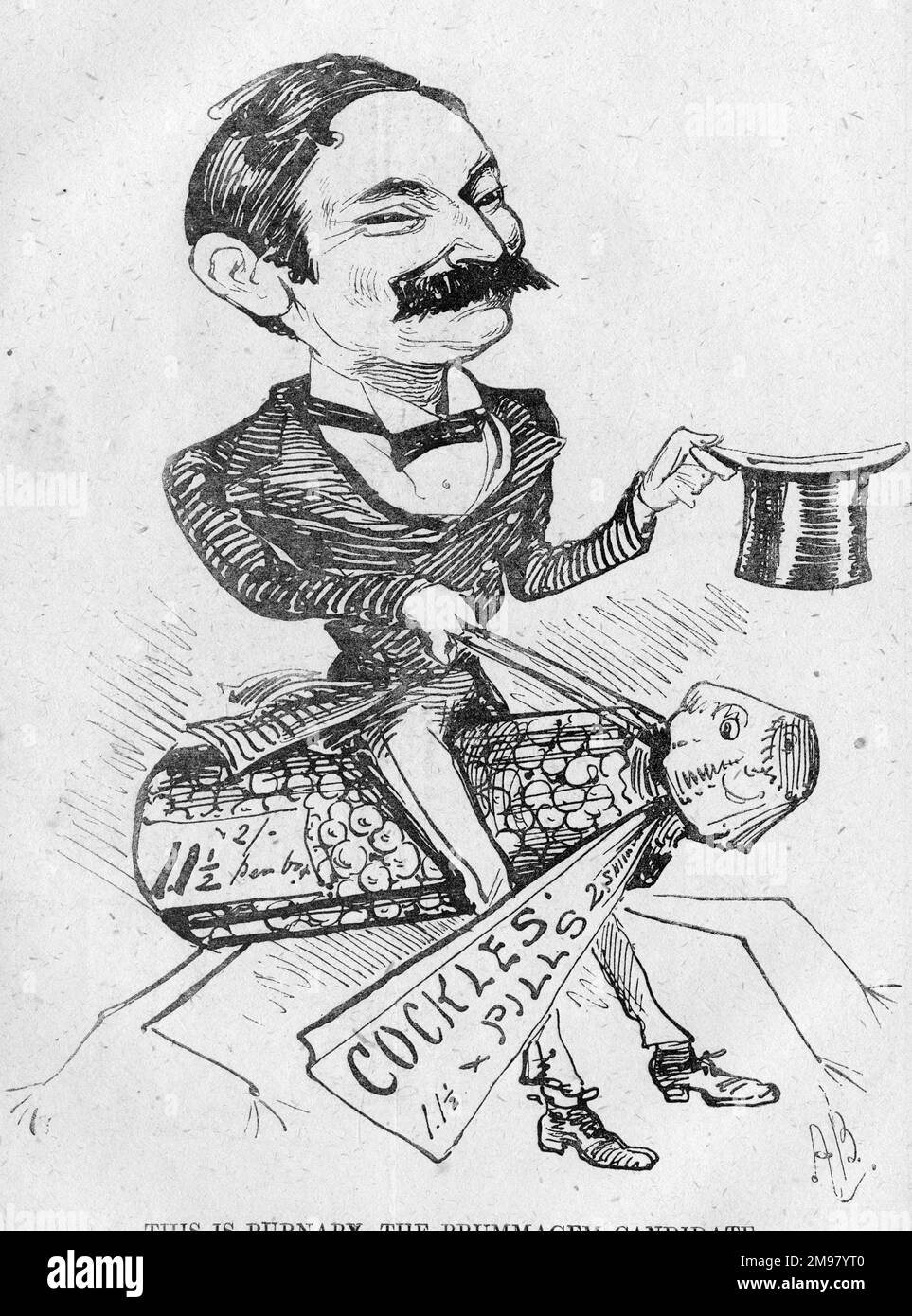 Cartoon of Frederick Gustavus Burnaby (1842-1885), traveller and British army officer.  He stood as a Tory candidate for Birmingham in the 1880 General Election, but was unsuccessful. Stock Photo