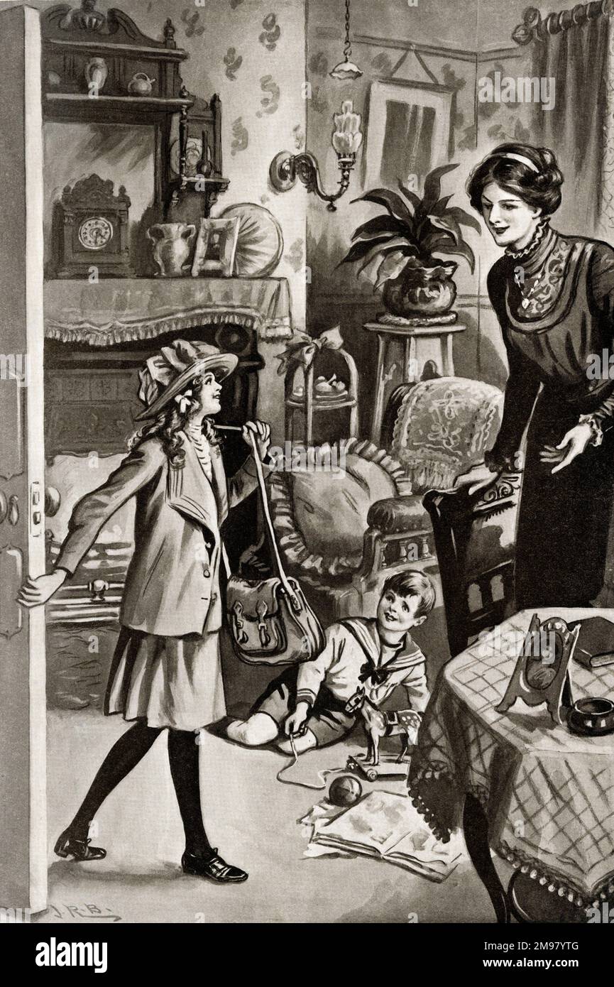 Illustration, Vicky arrives home from school. Stock Photo