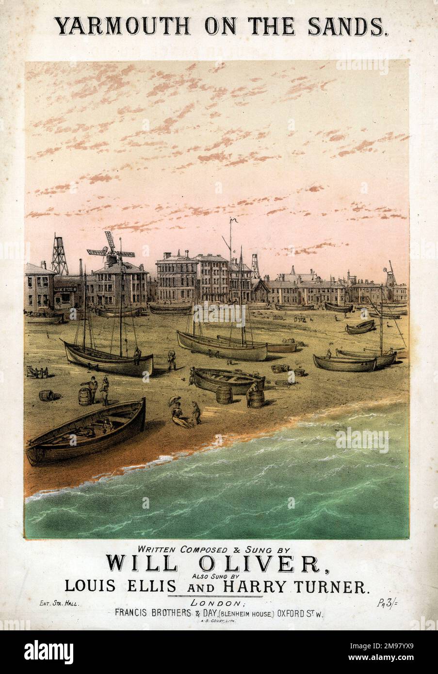 Music cover, Yarmouth on the Sands, written, composed and sung by Will Oliver, also sung by Louis Ellis and Harry Turner. Stock Photo