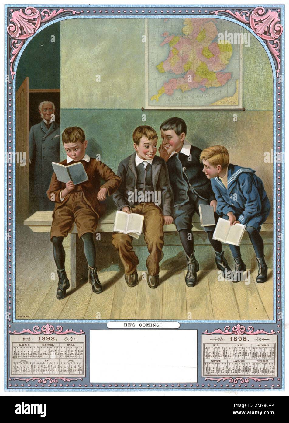 Calendar design, He's Coming -- four schoolboys sit on a bench as their teacher enters the room. Stock Photo